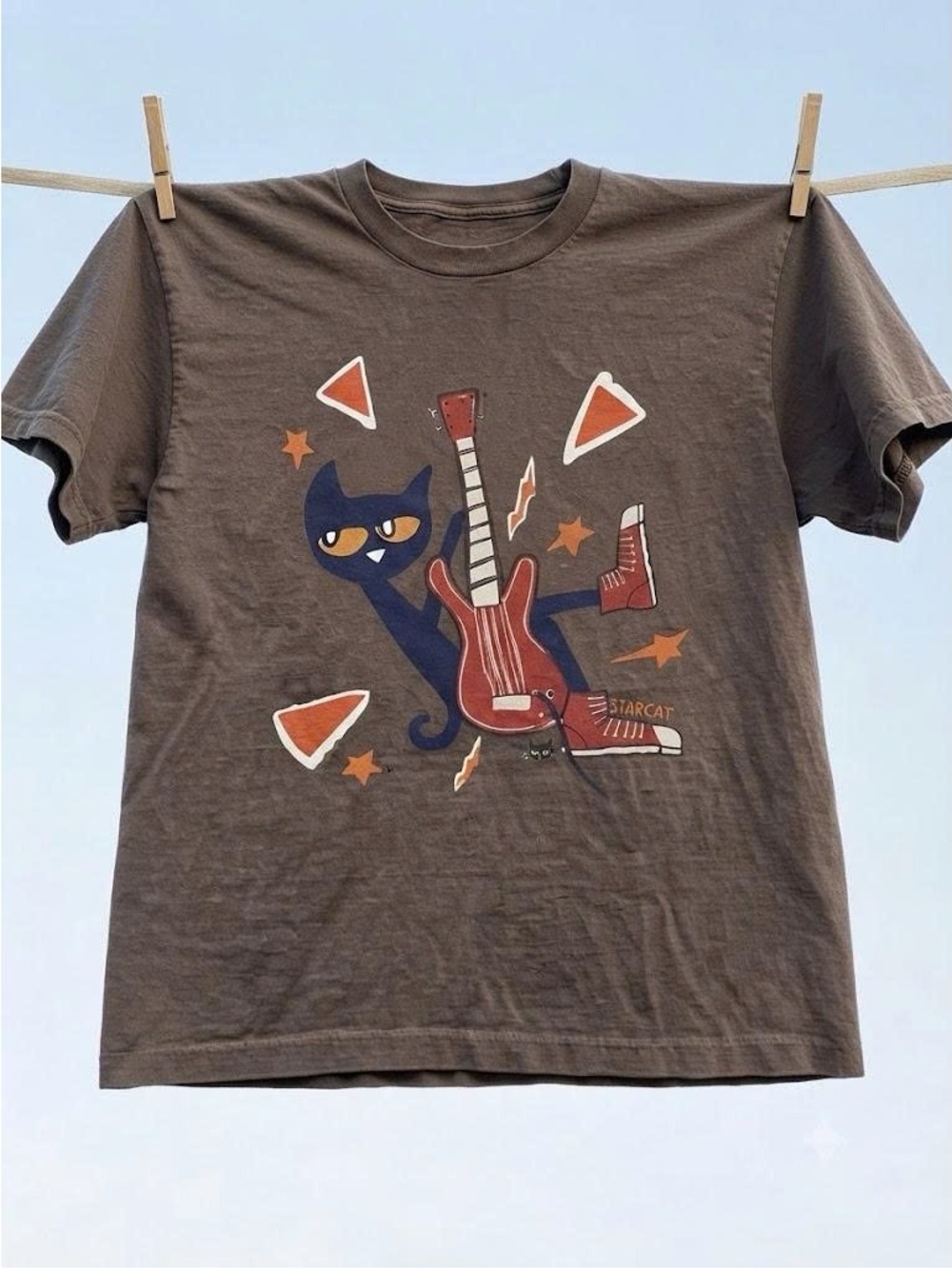 Vintage Brown Tee with Navy Pete Cat and Red Guitar Graphic